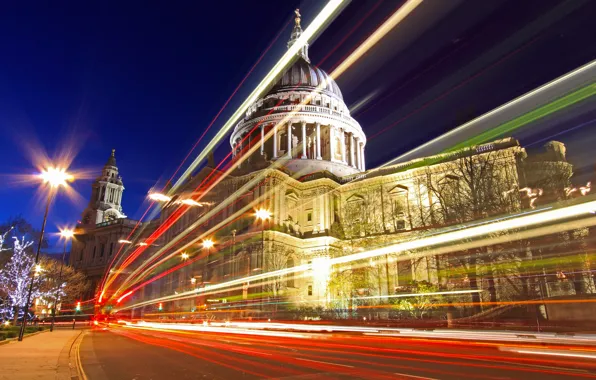 Картинка ночь, огни, движение, Лондон, Великобритания, собор Святого Павла