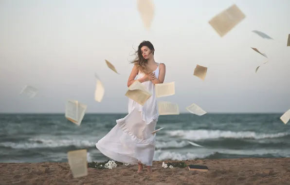 Картинка девушка, ветер, берег, платье, книга, страницы, Ana Valenciano