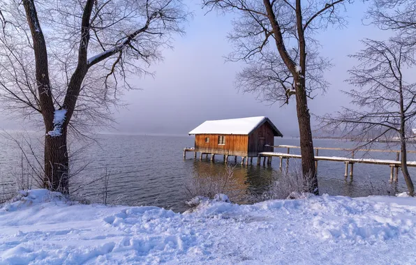 Картинка зима, снег, деревья, туман, озеро, причал, домик