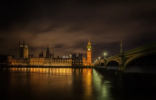 Картинка ночь, мост, огни, Лондон, Темза, Вестминстерский