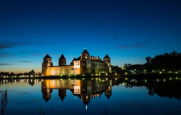 Небо, закат, ночь, огни, река, Беларусь, Мирский замок, Belarus