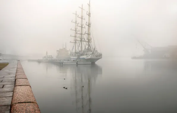 Туман, парусник, Мир, Санкт-Петербург