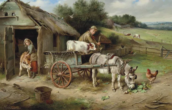 Картинка британский художник, 1900, British painter, oil on canvas, Walter Hunt, Уолтер Хант, На рынок, Off …