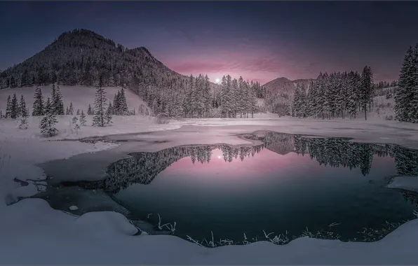 Картинка зима, лес, снег, горы, озеро, отражение, вечер, ели