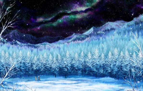 Картинка зима, небо, девушка, звезды, снег, деревья, пейзаж, ночь