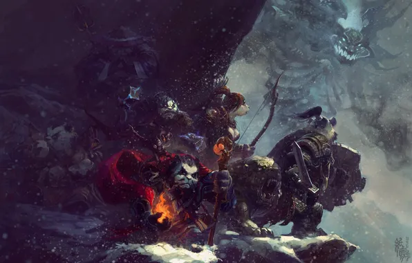 Картинка снег, горы, оружие, магия, монстр, арт, посох, World of Warcraft