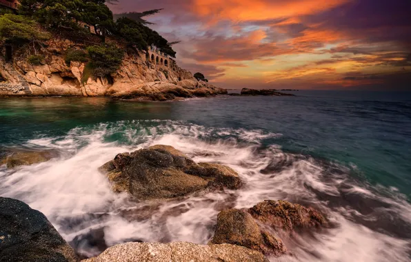 Картинка море, закат, скалы, побережье, Испания, Spain, Каталония, Costa Brava