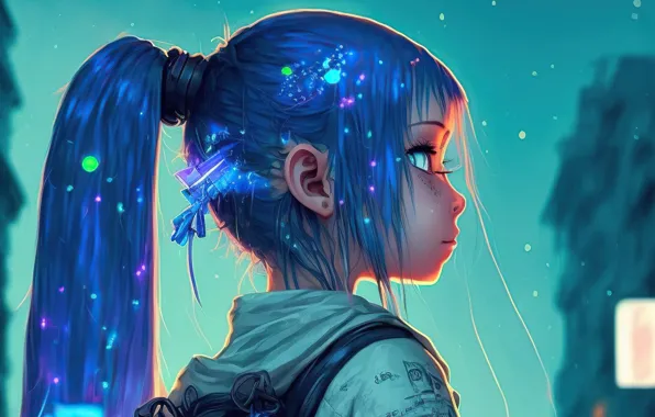 Ночь, lights, огни, портрет, девочка, girl, голубые глаза, голубые волосы