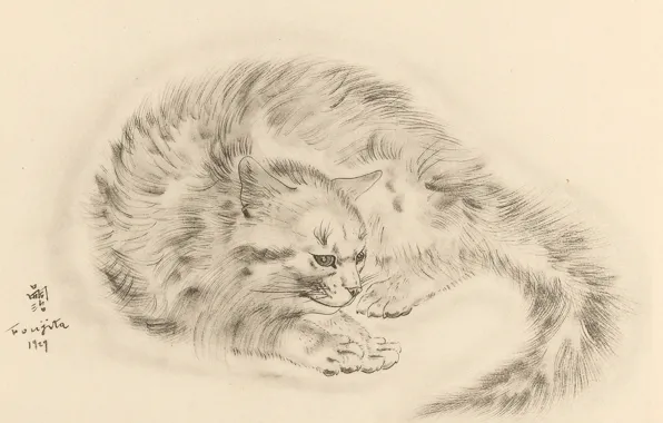 Кошка, хвост, грустная, 1930, Tsuguharu Foujita, Книга Кошек