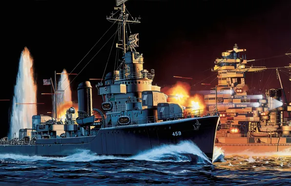 Картинка острова, корабль, корабли, бой, арт, флот, американский, военные
