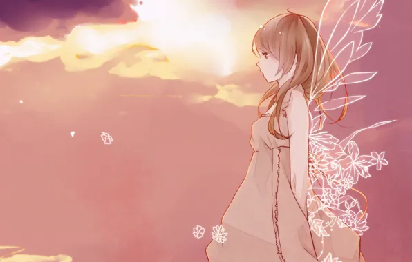 Небо, девушка, облака, цветы, крылья, аниме, арт, sekiyu