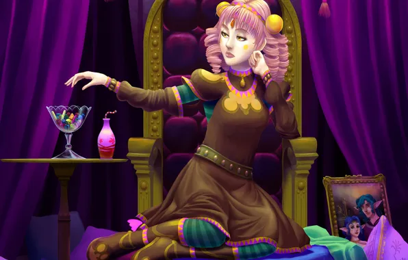 Картинка портрет, Девушка, эльфы, конфеты, сладости, сидит, трон, клоунский наряд