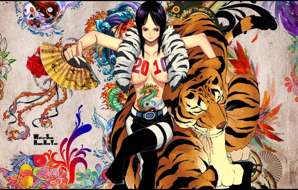 Картинка девушка, тигр, узоры, новый год, 2011