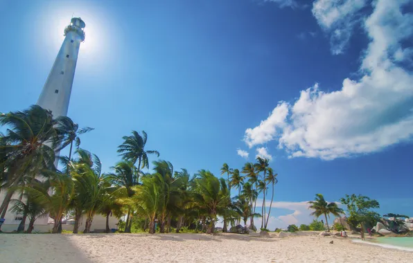 Картинка пляж, пальмы, маяк, Индонезия, Indonesia