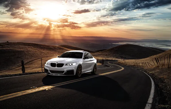 Картинка BMW, Car, Front, Sunset, Sunrise, Mountains, Road, Wheels