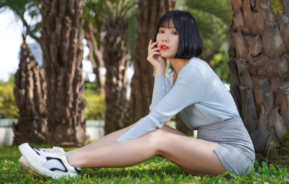 Girl, legs, asian, brunettes, sitting, skirt, sneakers, young woman