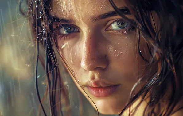 Взгляд, вода, девушка, капли, брызги, крупный план, лицо, портрет