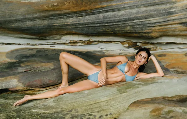 Cleavage, legs, model, women, bikini, lying down, dark hair, slender