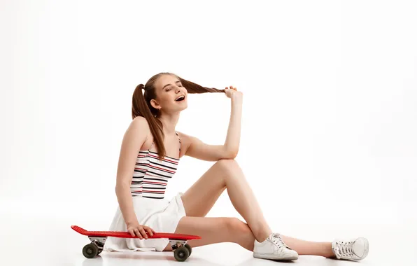 Girl, white, young, pretty, skateboard, posing