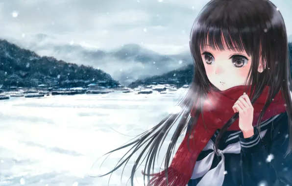 Картинка зима, девушка, снег, горы, город, аниме, шарф, арт