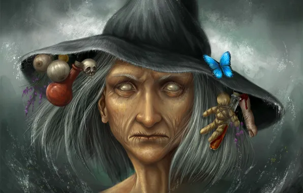 Лицо, бабочка, череп, шляпа, кукла, арт, палец, ведьма
