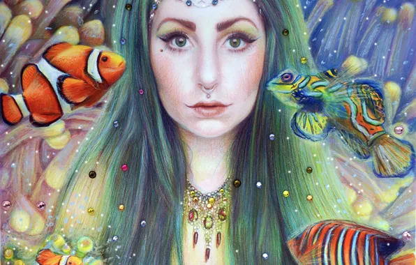 Картинка взгляд, вода, девушка, рыбы, волосы, арт