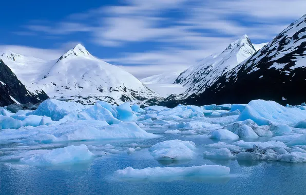 Вода, снег, горы, вершины, ледник, Аляска, Alaska, Portage Glacier