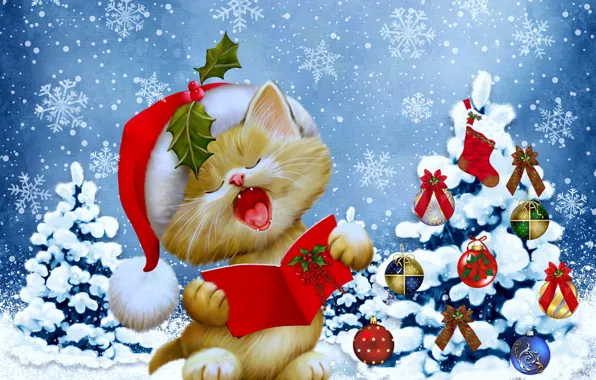 Зима, кошка, снежинки, елка, Новый Год, Рождество, Christmas, winter