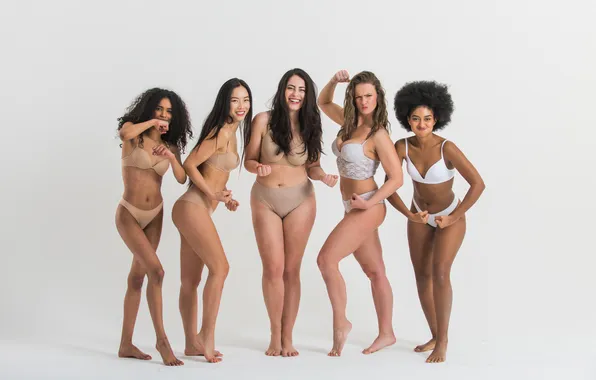 Lingerie, happiness, poses, real bodies, no operations