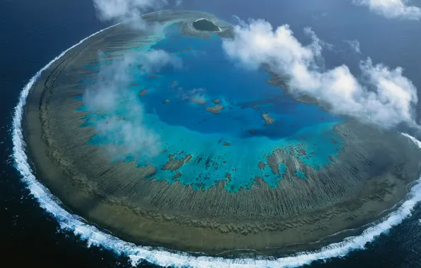 Море, Австралия, панорама, Большой Барьерный риф, коралловый атолл