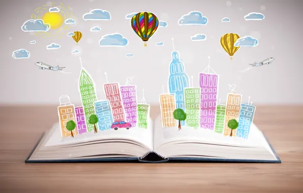 Картинка облака, деревья, машины, город, самолет, здания, открытая книга