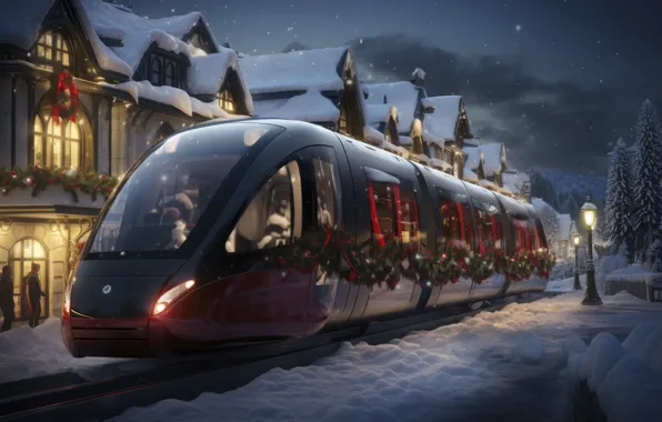 Зима, снег, украшения, ночь, улица, поезд, Новый Год, Рождество