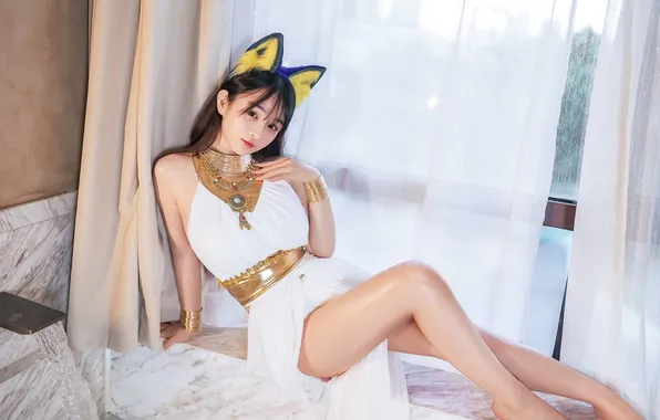 Картинка white, gold, dress, woman, cat, jewelry, headband, Asian