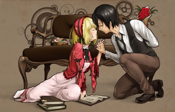 Книги, поцелуй, букет, кресло, сладости, gosick, victorica de blois, kujou kazuya