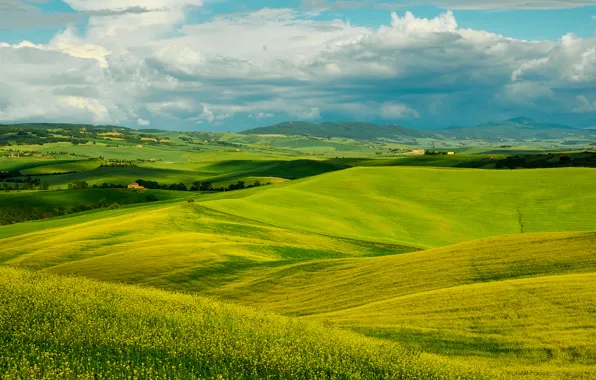 Картинка Небо, Облака, Италия, Поля, Пейзаж, Tuscany hills; Природа