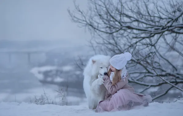 Зима, снег, радость, собака, девочка, самоед