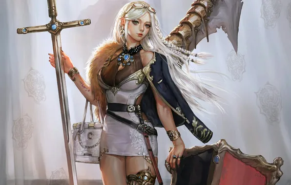 Девушка, меч, щит, шторы