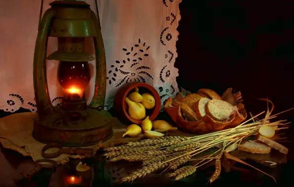 Картинка пшеница, лампа, лук, хлеб, натюрморт, деревенская еда