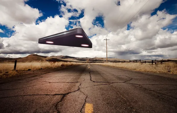 Картинка road, sky, clouds, UFO, flying saucers, Milano (spacecraft)