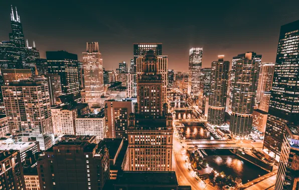 Ночь, город, огни, Чикаго, США