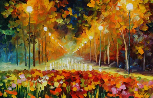 Картинка свет, улица, картина, фонари, живопись, Leonid Afremov