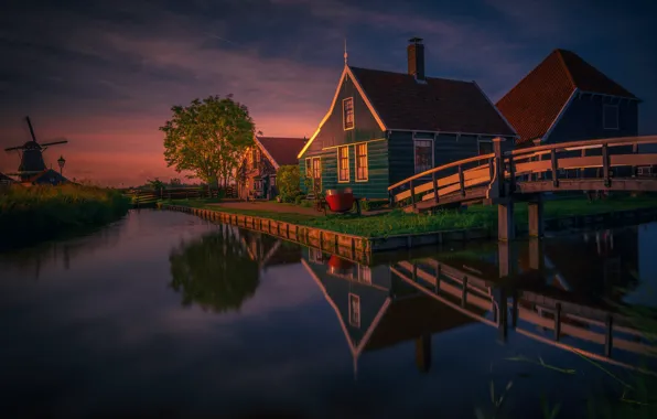 Картинка дом, пруд, отражение, дерево, мельница, Нидерланды, архитектура