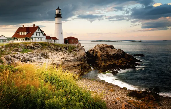 Картинка побережье, маяк, Maine, Cape Elizabeth, Portland Head Light, залив Мэн