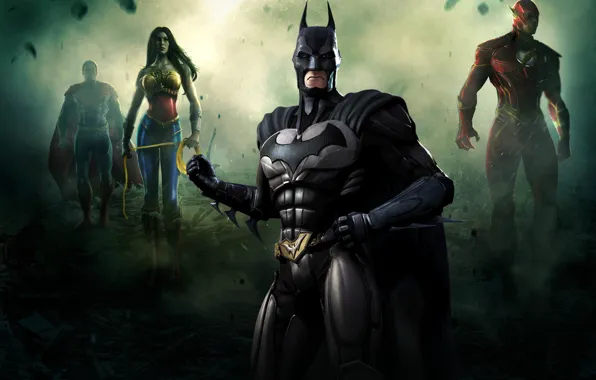 Batman, superman, flash, fighting, Wonder women, Injustice: Gods Among Us