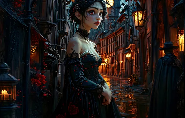 Луна, фонари, переулок, ночной город, красивая девушка, улочка, digital art, цифровое искусство