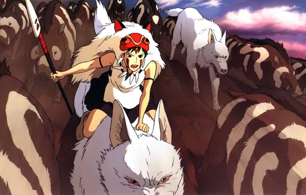 Атака, погоня, маска, клыки, копье, Moro, Princess Mononoke, верхом