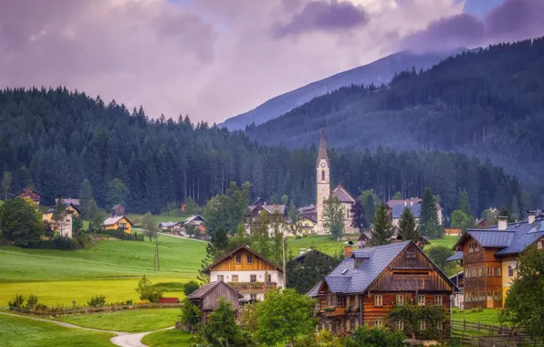 Горы, дома, Австрия, долина, коровы, Альпы, церковь, Austria