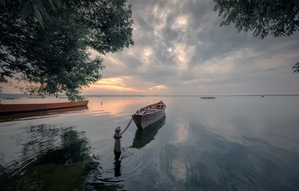 Картинка пейзаж, природа, озеро, лодка, вечер, Андрей Чиж, Плещеево