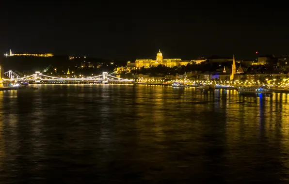 Ночь, огни, река, панорама, парламент, Венгрия, Будапешт, Дунай