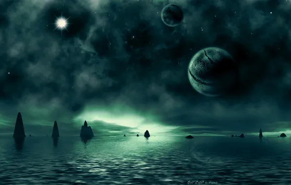 Картинка green, sea, water, rocks, sci fi landscapes